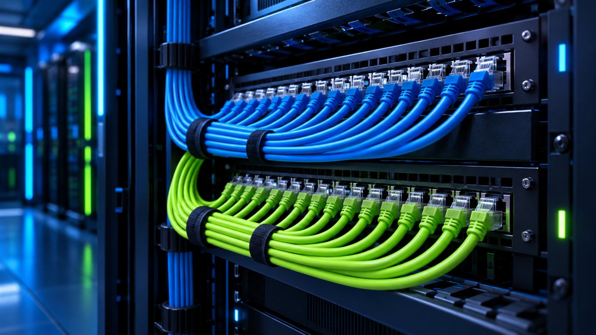 Câblage réseau professionnel organisé dans une baie informatique